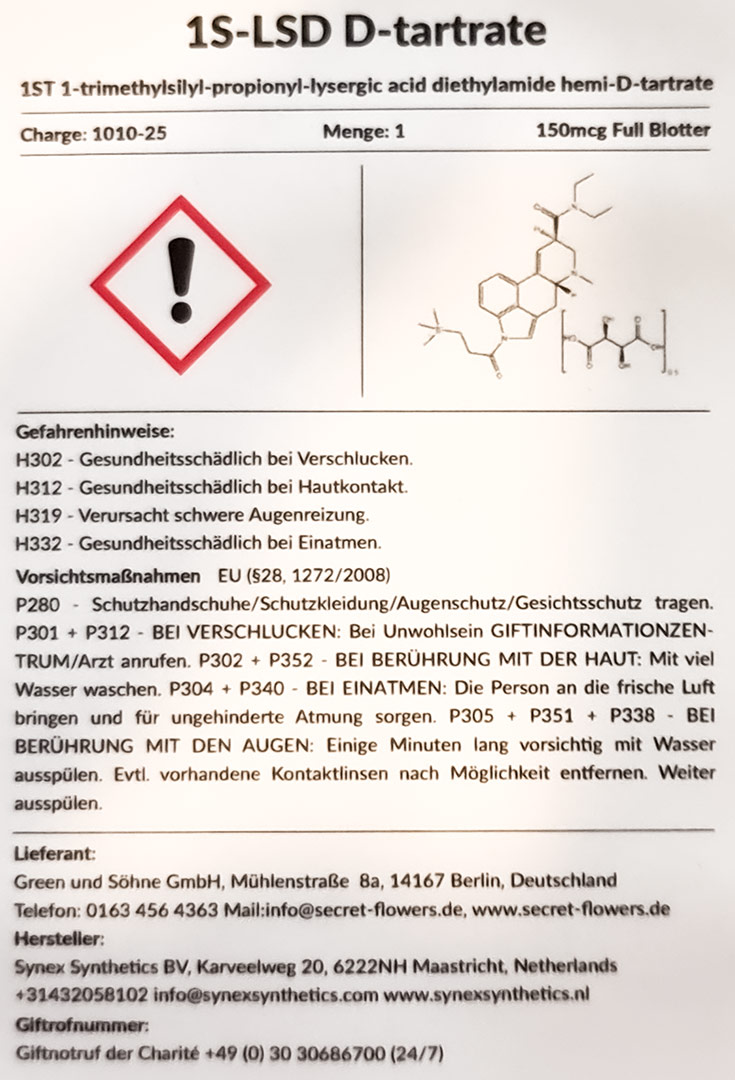 research chemicals 1S LSD 150 mcg Blotter (forschungssubstanz) - Produktsicherheit, Hersteller, Wichtige Hinweise