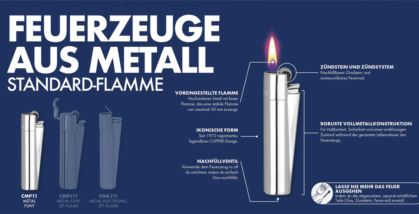 clipper classic metal large jet flame silver shiny (nachfüllbares sturmfeuerzeug aus metall) Produkt-Highlights