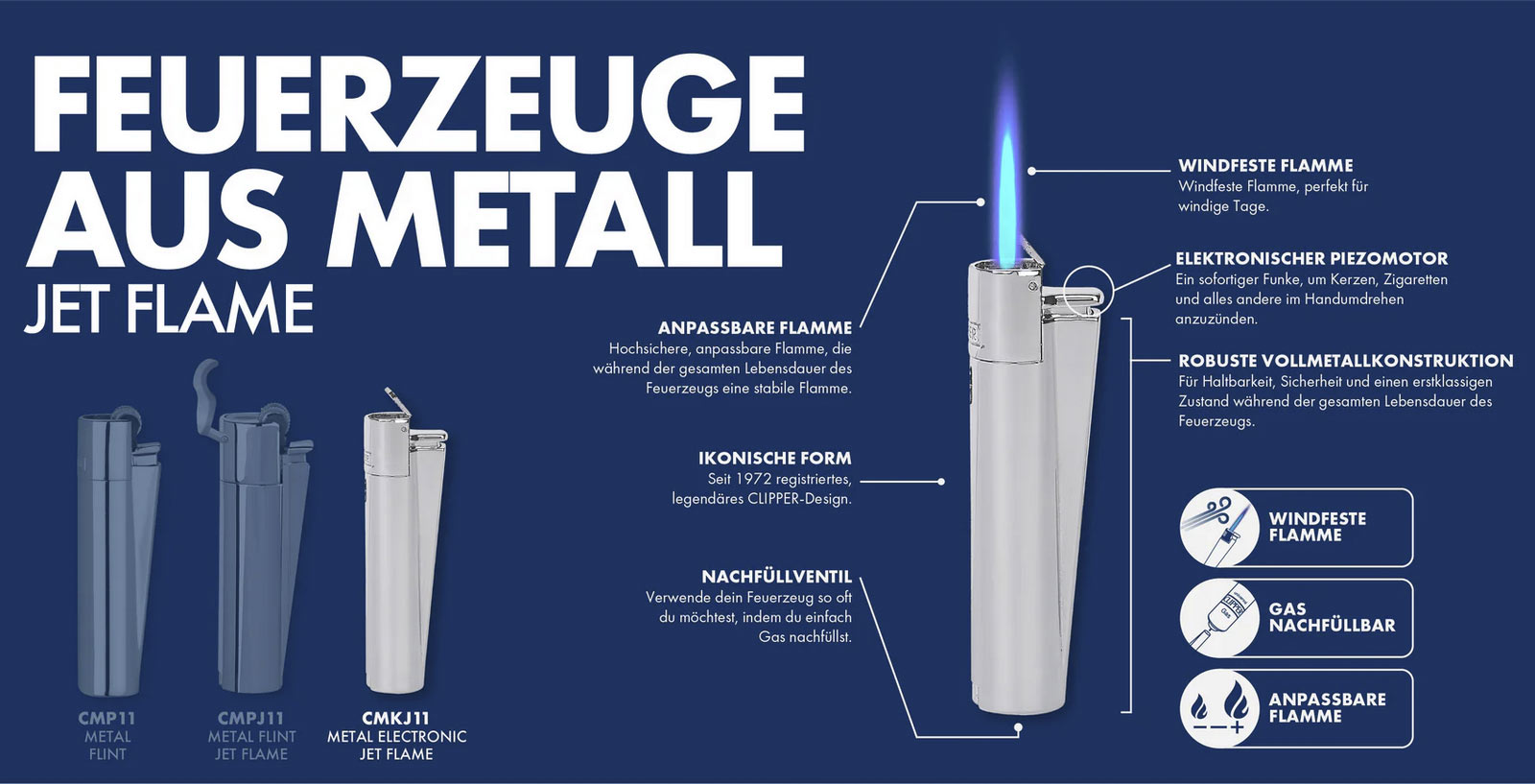 Clipper classic metal large jet flame silver shiny (nachfüllbares sturmfeuerzeug aus metall) Produkt-Highlights