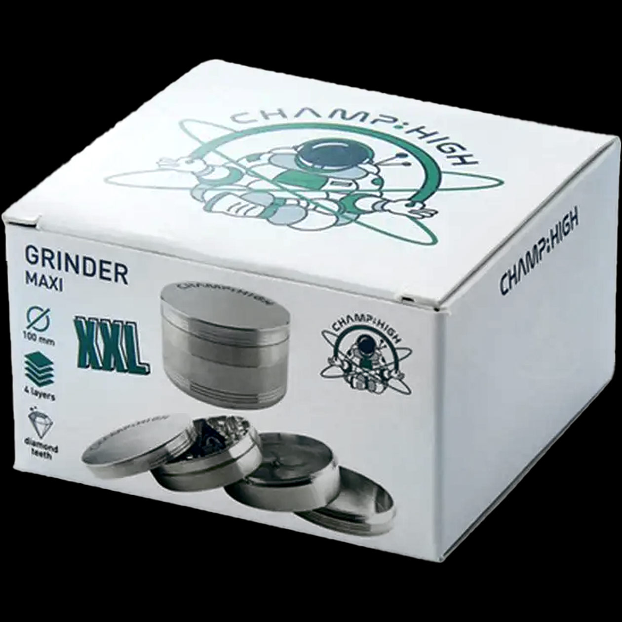 produkt 1829 champ high maxi grinder 10cm 100mm 4 tlg xxl riesengrinder crusher shredder big extra gross kraeutermuehle alu silver