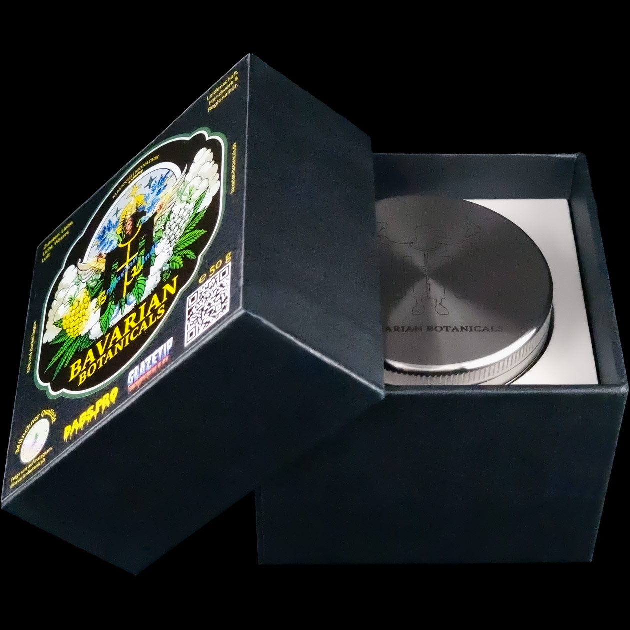 produkt 1848 bavarian botanicals edelstahlgrinder edelstahl gravur 63mm 4 tlg silber crusher shredder kraeutermuehle 420 geschenkbox